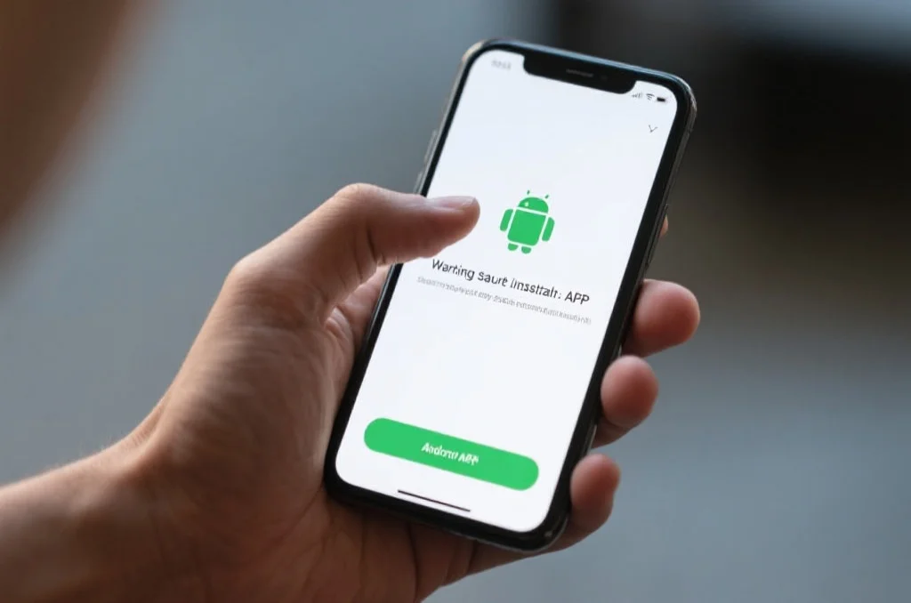 一只手正在操作安卓手机，屏幕上显示正在安全安装一个APP，界面简洁明了
