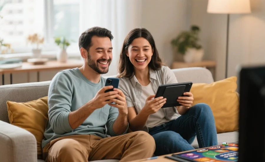 用户在舒适家居环境中使用手机和平板畅玩在线娱乐平台，表情愉快