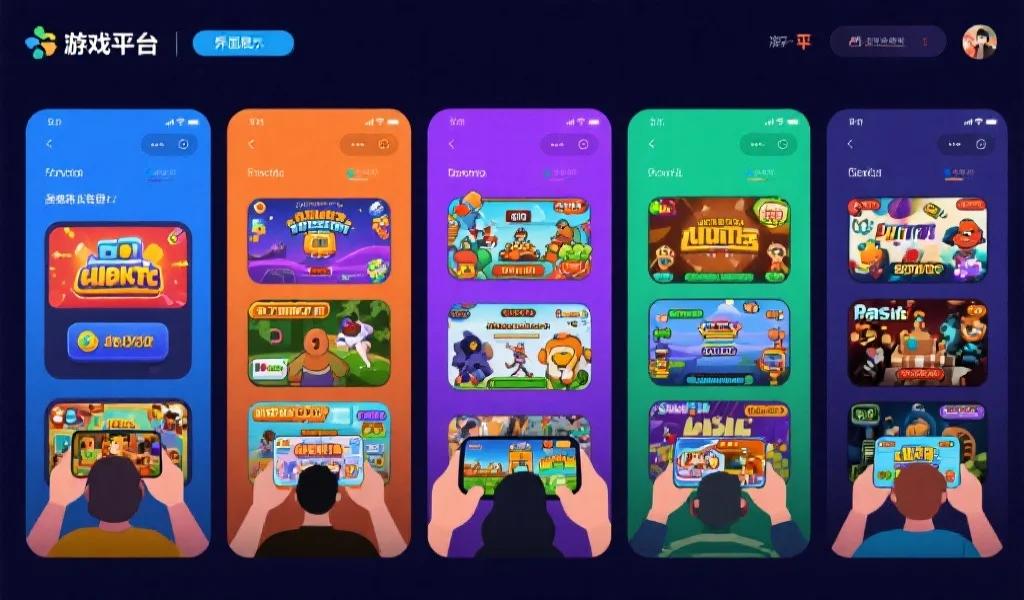 五彩缤纷的游戏平台界面展示，多种游戏类型排列整齐，用户正在愉快地体验